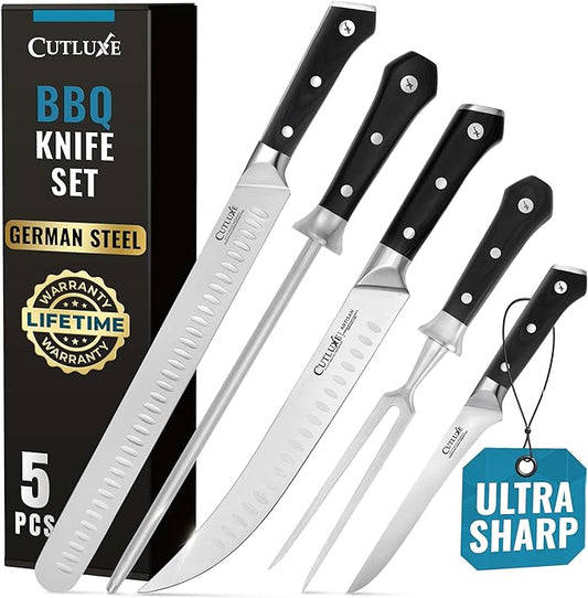Cutluxe 5-Piece Butcher Knife Set – Slicing Carving Knife Set for Meat Cutting, Ultra Sharp German Steel, Full Tang, Ergonomic Handles – Artisan Series