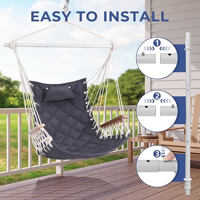 Hammock Chair Hanging Swing with Wooden Armrests;Steel Spreader Bar,Pillows,Hardware kit Included;Cotton Woven Fabric;Up to 350 Lbs,for Indoor or Outdoor