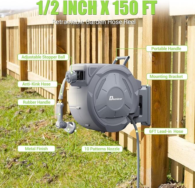 1/2" x 150 ft Retractable Hose Reel, Heavy Duty Retractable Garden Hose Reel Wall Mounted with 10-Pattern Hose Nozzle/Any Length Lock/Slow Return System/180°Swivel Bracket