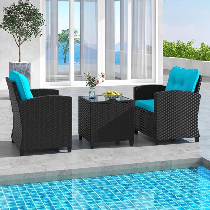 HAPPYGRILL 3 Pieces Wicker Patio Conversation Set, PE Rattan Bistro Sofa Set with Tempered Glass Coffee Table, Washable Cushions, Outdoor Furniture Set for Garden Poolside Balcony (Turquoise)