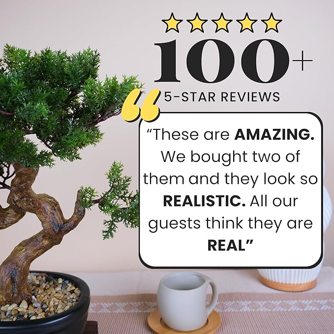 Artificial Bonsai Tree 16" Tall with Realistic Wood and Ceramic Pot Fake Plants Cypress Juniper Pine Zen Faux Plants for Home Bedroom Office Bathroom Japanese Decor