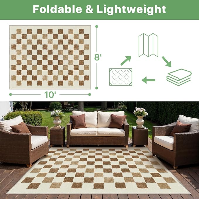 GENIMO Outdoor Rug for Patio Clearance, 8'x10' Reversible Plastic Straw Rugs, Lightweight Waterproof RV Camping Mat for Camper, Balcony, Deck, Backyard, Picnic, BrownBeige