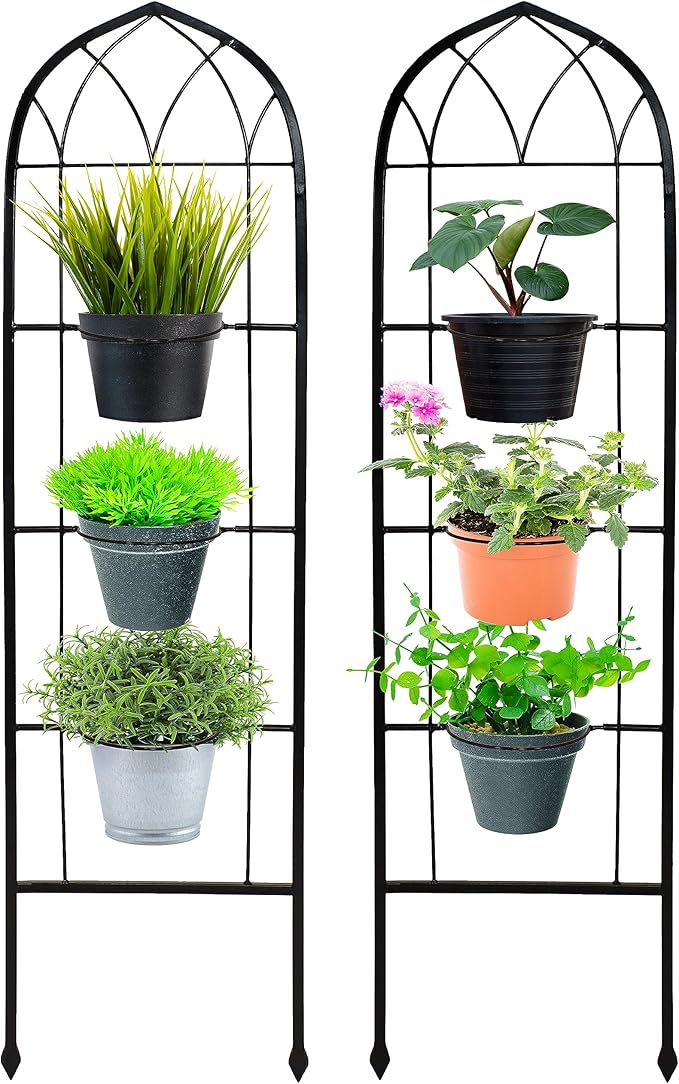 Sunnydaze Steel 2-Piece Arched Garden Trellis for Climbing Plants with 3 Folding Flowerpot Supports - 48-Inch