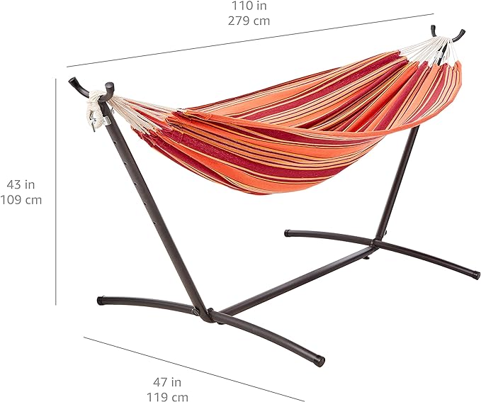 Amazon Basics 2 Person Heavy Duty Double Hammock with 9-Foot Space Saving Steel Stand and Carrying Case Outdoor, 450 lb Capacity, Sunset Orange, Stripe, 110 x 47 x 43 Inches