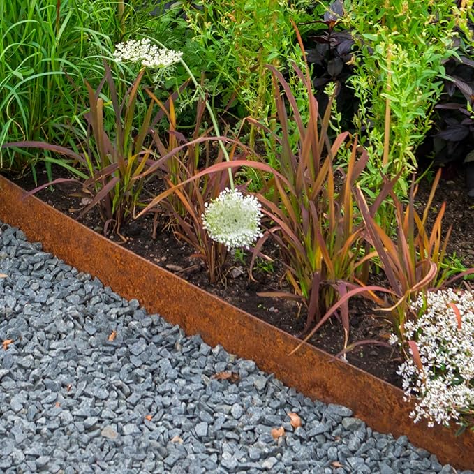 Worth Garden 6-Pack Cor-Ten Steel Landscape Edging with Black Protection Strips - Rust Patina Finish 40" L x 5.5" H (20Ft Total) - Hammer-in 14-Gauge Metal Corten Lawn Yard Edging Border w/ 7 Clips
