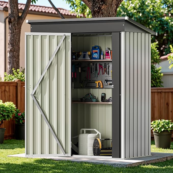 Devoko Outdoor Storage Shed 5 x 3 FT Lockable Metal Garden Shed Steel Anti-Corrosion Storage House with Single Lockable Door for Backyard Outdoor Patio (White)