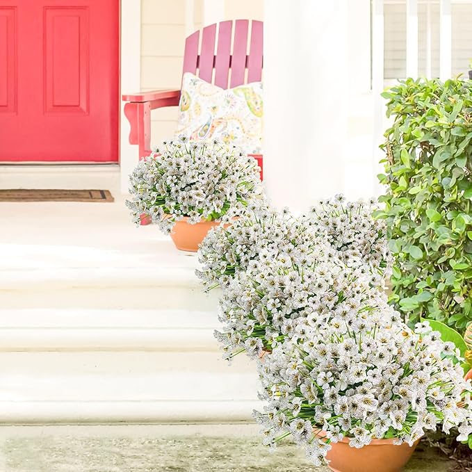 Uieke 72 Bundles Outdoor Artificial Flowers UV Resistant Outdoor Fake Flowers No Fade Faux Plastic Plants for Garden Porch Window Box Home Outside Spring Summer Décor (White)