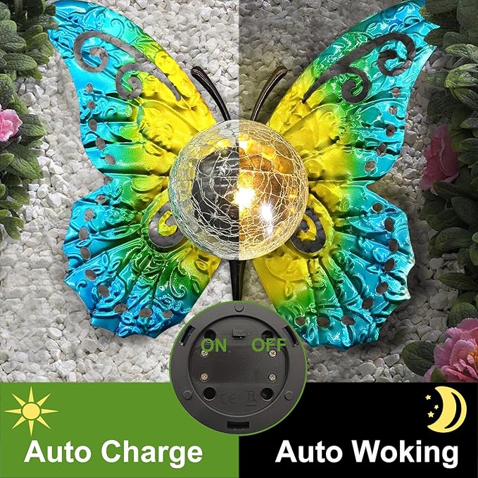 Solar Lights Outdoor Garden Butterfly Decor, Metal Butterfly Statue Decoration with LED Crackle Glass Globe, Solar Powered Lighted Garden Art Decor for Patio Lawn Yard Pathway Tabletop Ground