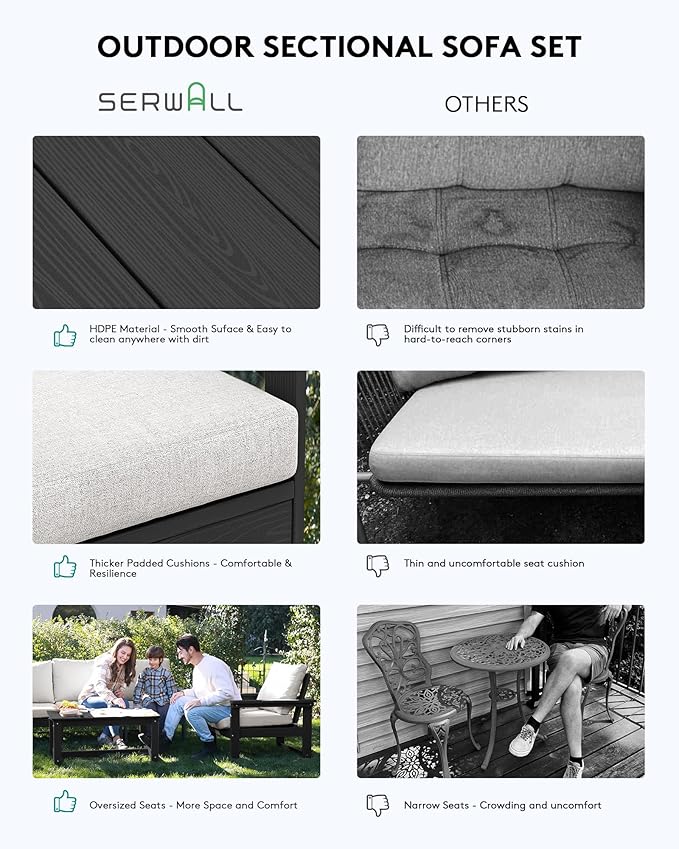 SERWALL HDPE Patio Furniture Set with 15FT Double Side Patio Umbrella, 7-Piece Outdoor Modular Sectional Sofa Set, All Weather Patio Couch Set for Deck, Black & Beige（Umbreall Base not Included）