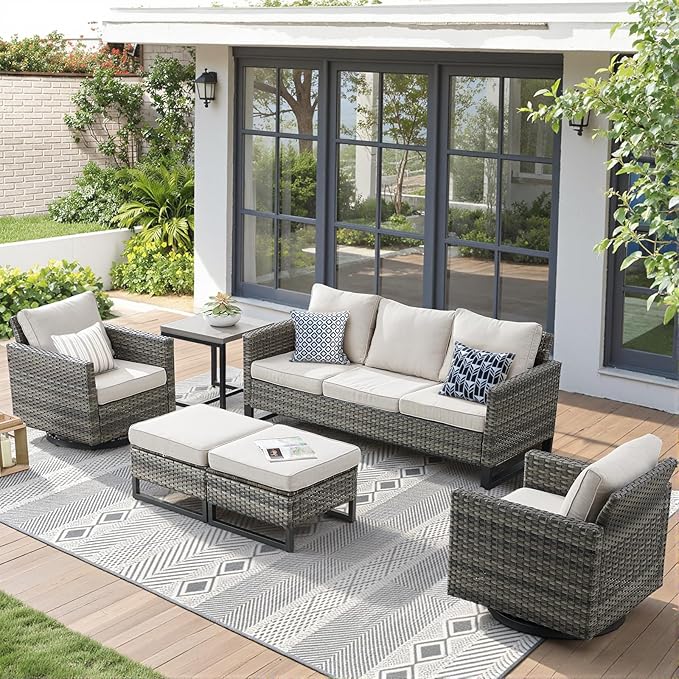 6 Pieces Patio Furniture Set-All Weather Outdoor Swivel Rocker Patio Chairs with Deep Seat Sofa Ottomans and Glass Side Table, Outdoor Conversation Sets for Garden Backyard Deck(Grey/Beige)