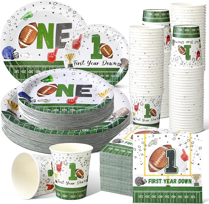 Hsei 250 Pcs First Year Football Plates and Napkins Party Decorations Disposable Tableware Sets Baby Shower Birthday Party Supplies Serves 50 Guests Dinnerware Baby Bridal Shower Party Favors