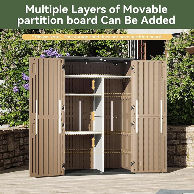 Aoxun Outdoor Storage Shed, 64 Cu.Ft Vertical Storage Sheds Outdoor with Floor, Outdoor Waterproof Storage Cabinet for Garage Storage, Pool Storage, Bike Shed, Garden Shed (Brown)