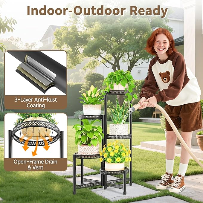 LASZOLA 5 Tiered Folding Tall Plant Stand Indoor Outdoor for Large Planter, Heavy Duty Metal Adjustable Multiple Flower Rack for Corner, Wrought Iron High Spiral Holder for Modern House Patio, Black