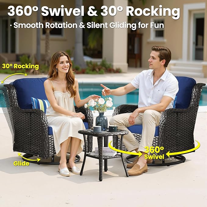 ovios 9 Pieces Patio Furniture Set, Outdoor Wicker Sofa Couch with Swivel Chairs Ottomans Comfy Cushions, All Weather High Back Modern Conversation Sets, Brown Rattan, Navy Blue