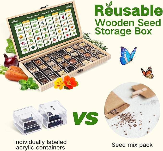 Lush&Dew Companion Plants Heirloom Seed Bank, Gardening Gifts, 32 Varieties 30,000+ Non-GMO Fall Winter Vegetable Seeds for Planting in Garden Beds Greenhouse, Survival Seed Kit Emergency Food Supply