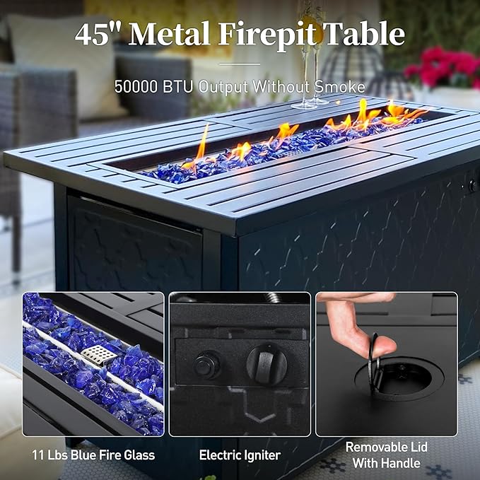 4 Piece Metal Outdoor Patio Furniture Sets with 5000 BTU Firepit Table, Patio Conversation Sets 1 3-Seater Sofa, 2 Swivel Chair with 5.75" Thick Cushion, Black Backyard Furniture, Red