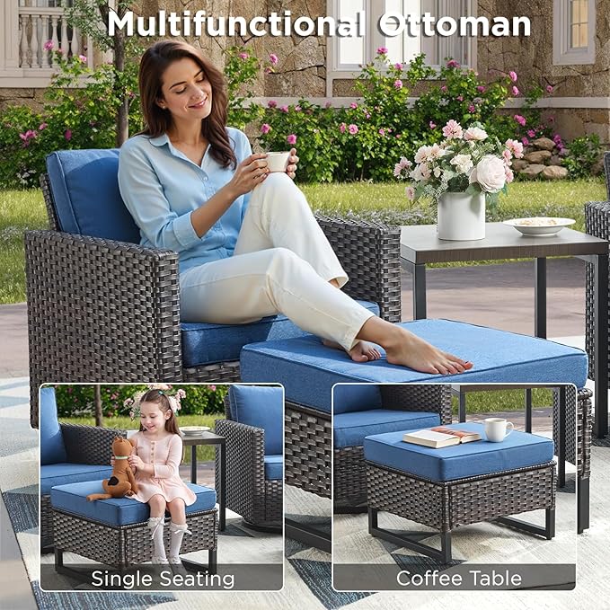 3 Pieces Patio Furniture Sets-All Weather Outdoor Sectional Patio Sofa with Multifunctional Ottomans Thicken Cushion Patio Conversation Set for Deck Porch Balcony(Brown/Blue)