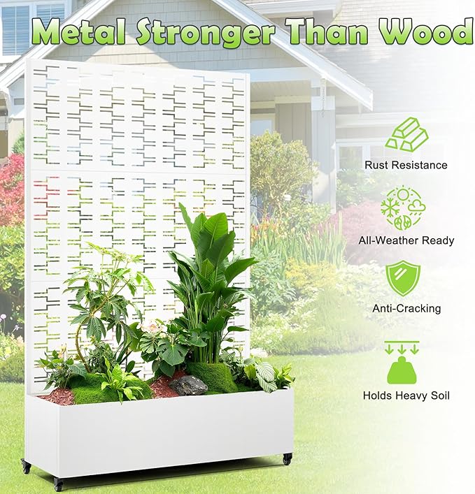 15.7"×70.9"×47.2" Metal Raised Garden Bed with Trellis and Wheels - Tall Trellis Planter Box for Climbing Plants, Vegetables & Vines - Outdoor Privacy Planters for Patio (White-Brick)