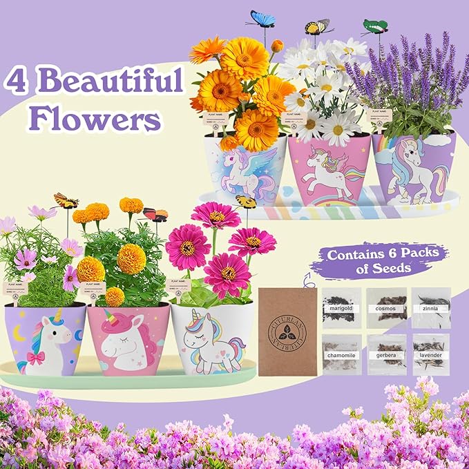 QSQSRUCH 6 Set Painting & Plant Flower Garden Kit, Arts and Crafts Kits for Kids Ages 4-8,Girls Gifts 8-10, Garden Set for Kids 8-12,Girls Toys Age 6-8, Gift for 4 5 6 7 8 9 10+ Year Old Girl