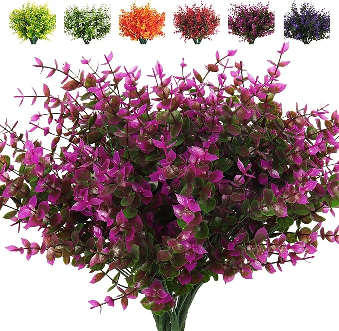 RECUTMS Artificial Flowers, Fake Outdoor UV Resistant Plants Faux Plastic Greenery Shrubs Indoor Outside Hanging Planter Home Kitchen Office Wedding, Garden Decor(Fuchsia Eucalyptus)