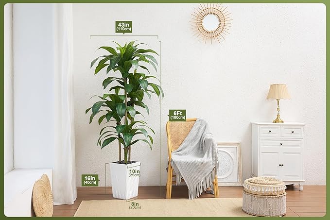 6FT Artificial Dracaena Tree - UV Resistant Faux Tropical Plant, Potted Fake Tree with Taper Planter & Pebbles - Indoor Outdoor Greenery for Home, Porch, Living Room, Bedroom Decor, VN127