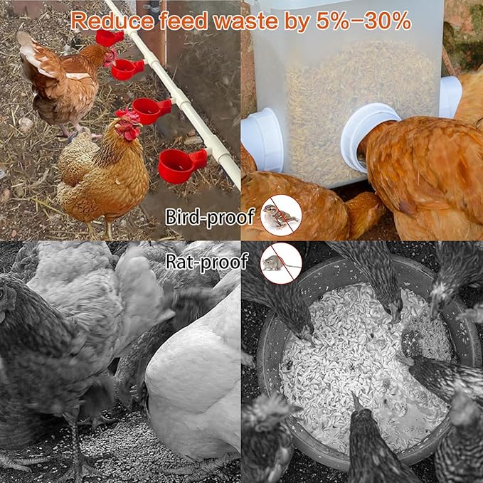 68 Accessories Complete Set Pipeline Automatic DIY Chicken Waterer Feeder System,with Chicken Water Cups, Poultry Feeder,Ports Hole Saw,PVC Pipeline,Float Valve and Garden Hose,Glue,Tape.