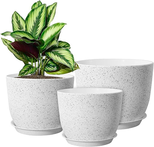WOUSIWER Plant Pots 10/9/8 inch, Set of 3 Modern Decorative Plastic Planters with Drainage Holes and Saucers for House Plants Indoor Flowers Plants, White Speckles