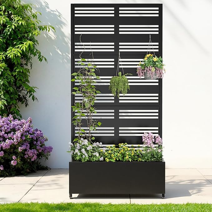 Metal Raised Garden Bed with Trellis & Wheels,70" x 35"x 15.7" Planter Box with Trellis,Privacy Planters for Patio,Garden Bed for Climbing Plants,Suitable for Climbing Plants and Vegetables,Black