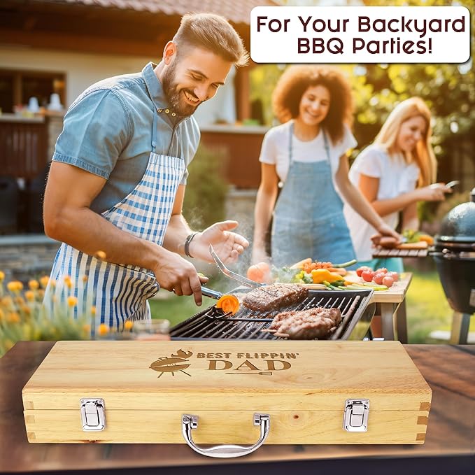 11-Piece BBQ Grilling Set with Engraved Maple Wood Box, Stainless Steel Tools with Wooden Handles, Ideal Gift for Dad on Birthday, Father’s Day - Best Flipping Dad
