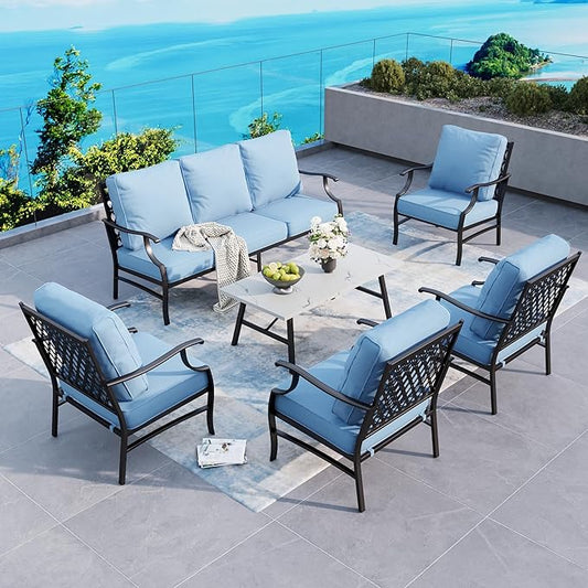 6 Piece Metal Outdoor Patio Furniture Set, Patio Conversation Sets 1 3-Seater Sofa, 4 Fixed Chairs with 5.75" Thick Cushion and Coffee Table, Backyard Furniture Set for Deck, Blue