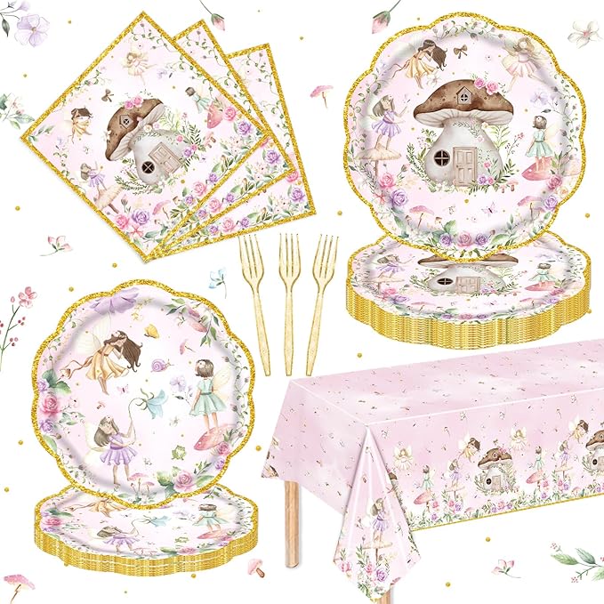 81Pcs Fairy Party Decorations for Girls 1st 2nd Birthday Garden Flower Themed Baby Shower Party Supplies Fairies Enchanted Tableware with Paper Plates Napkins Cups Forks and tablecloth Serve 20