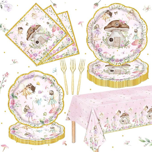 81Pcs Fairy Party Decorations for Girls 1st 2nd Birthday Garden Flower Themed Baby Shower Party Supplies Fairies Enchanted Tableware with Paper Plates Napkins Cups Forks and tablecloth Serve 20
