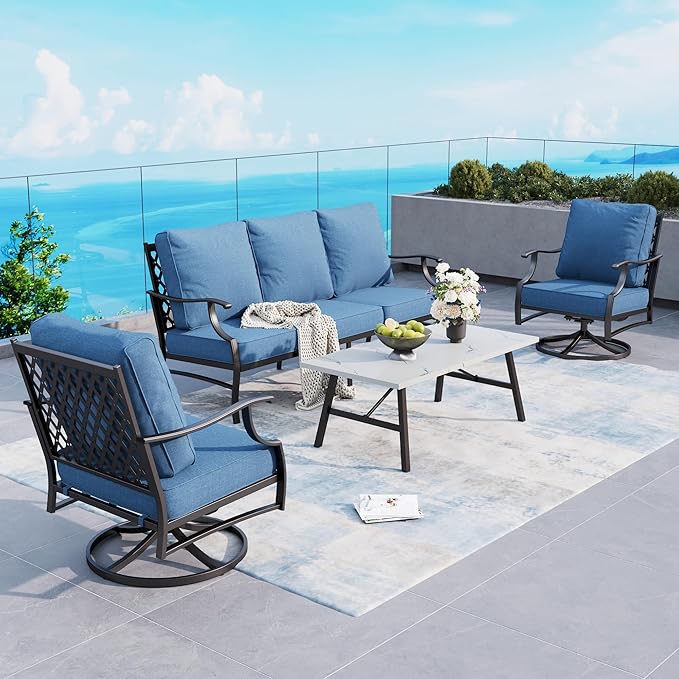 4 Piece Metal Outdoor Patio Furniture Set, Patio Conversation Sets 1 3-seater Sofa, 2 Swivel Chair with 5.75" Extra Thick Cushion and Coffee Table, Black Frame Backyard Furniture, Navy