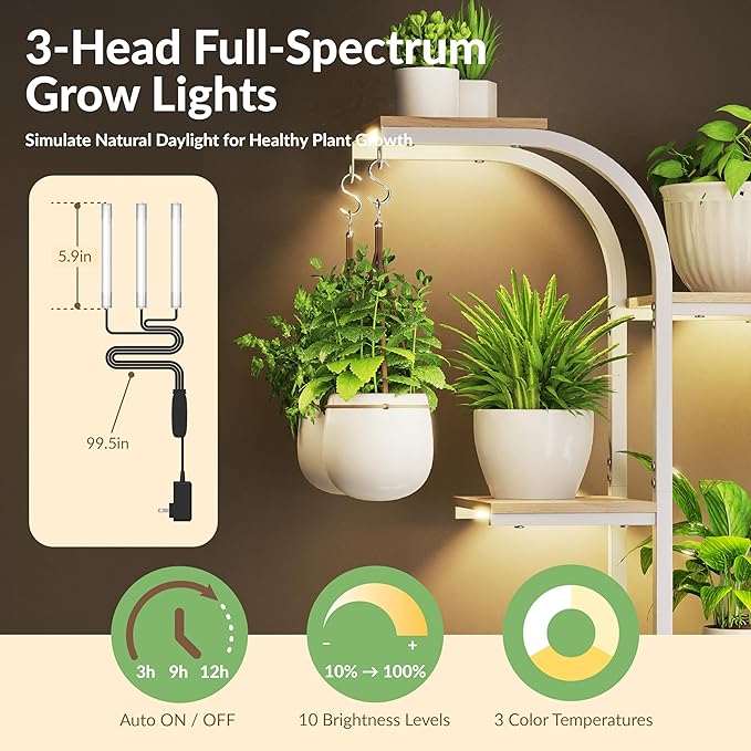 White Plant Stand, 7 Tier Tall Plant Shelf with Grow Light, Large Curve Shaped Lighted Plant Stand for Multiple Plants, Indoor Home Decor Display Rack