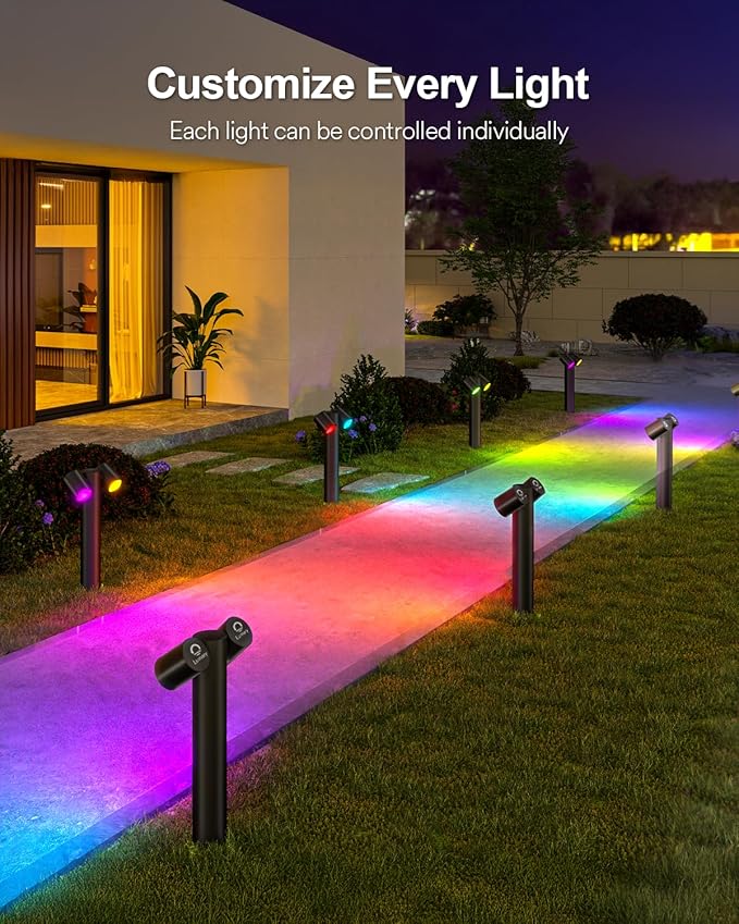 Lumary Smart Pathway Lights Pro 700LM, RGBAICW Color Changing Landscape Lights with 8 Adjustable 355° Spot Lights IP65 Waterproof, 48FT Wired Outdoor Landscape Lighting, WiFi APP/Voice/Remote (4 Pack)