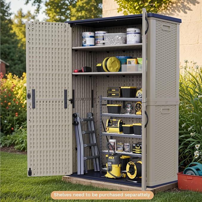Patiowell 50 cu.ft Plastic Outdoor Storage Shed, Lockable Waterproof Resin Storage Cabinet Vertical Storage Shed for Garden Tools, Garbage Cans, Pool Supplies, Beige(Not Include Shelves)