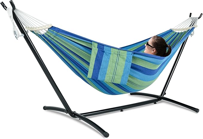 Double Hammock with Stand for Outside, Upgraded Spreader Bar, Heavy Duty Space Saving Steel Stand 2 Person, Side Pockets, Easy Assembly, 600lbs Weight Capacity, Indoor & Outdoor (Green Blue)