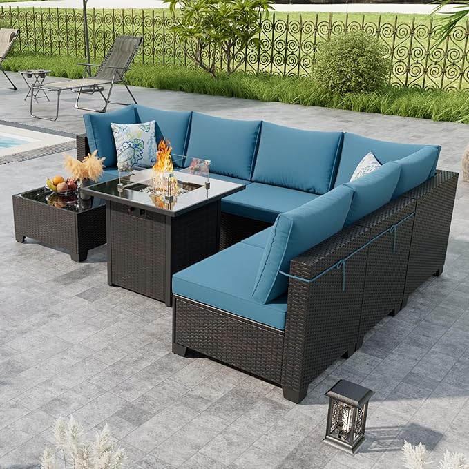 Patio Furniture Set with Fire Pit Table, 8-Piece Outdoor Furniture Set with Thick Cushions, Wicker Sectional Sofa for Porch Garden Backyard, Brown/Peacock Blue