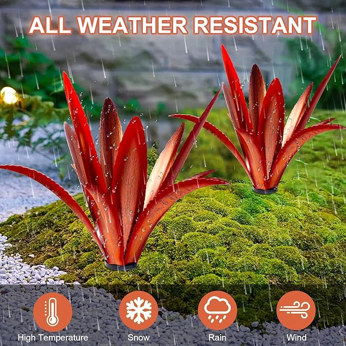 TOMBABY Enlarge Thickened Wind Resistant Metal Agave Garden Art Metal Plant Country Garden Sculpture Statue Outdoor Decoration Agave Metal Plant Courtyard Lawn Ornament Gift (2, 12 Leaves red)