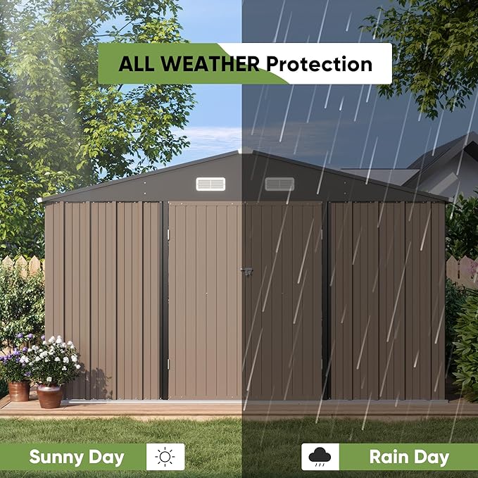 Patiowell 10 x 10 FT Outdoor Storage Shed with Floor Frame, Metal Yard Shed with Design of Lockable Doors, Utility and Tool Storage for Garden, Patio, Backyard, Outside use, Brown