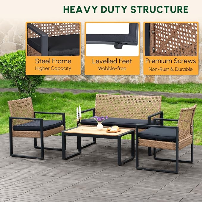 BEEFURNI Wicker Patio Furniture Outdoor Conversation Set of 4, Acacia Wood Table, 2 Rattan Chairs, 1 Loveseat, 2” Cushions, All-Weather, Easy Assembly, 1-Year Manufacturer Warranty (Brown)