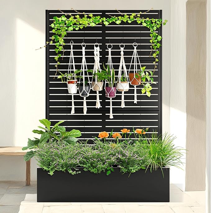 Metal Planter Box with Trellis Raised Garden Bed with Trellis 71"x47"x16", Trellis with Planter Box & Privacy Screen, Metal Planter Box for Climbing Plants, Vegetable, Vines(Black, Louvered)