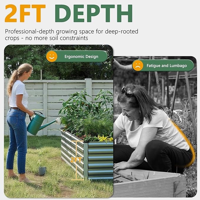 FOOWIN 8x4x2ft Galvanized Raised Garden Bed, Planter Raised Garden Boxes Outdoor, Large Metal Raised Beds for Gardening, Garden Bed for Vegetables, Flowers, Herb,478 Gallon Capacity, Silver