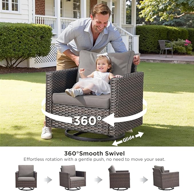 Outdoor Swivel Rocker Patio Chairs-3 Pieces Wicker Swivel Patio Chairs Set of 2 with Matching Side Table, Thick Cushions High Back Outdoor Furniture Set for Deck Porch Balcony(Brown/Grey)