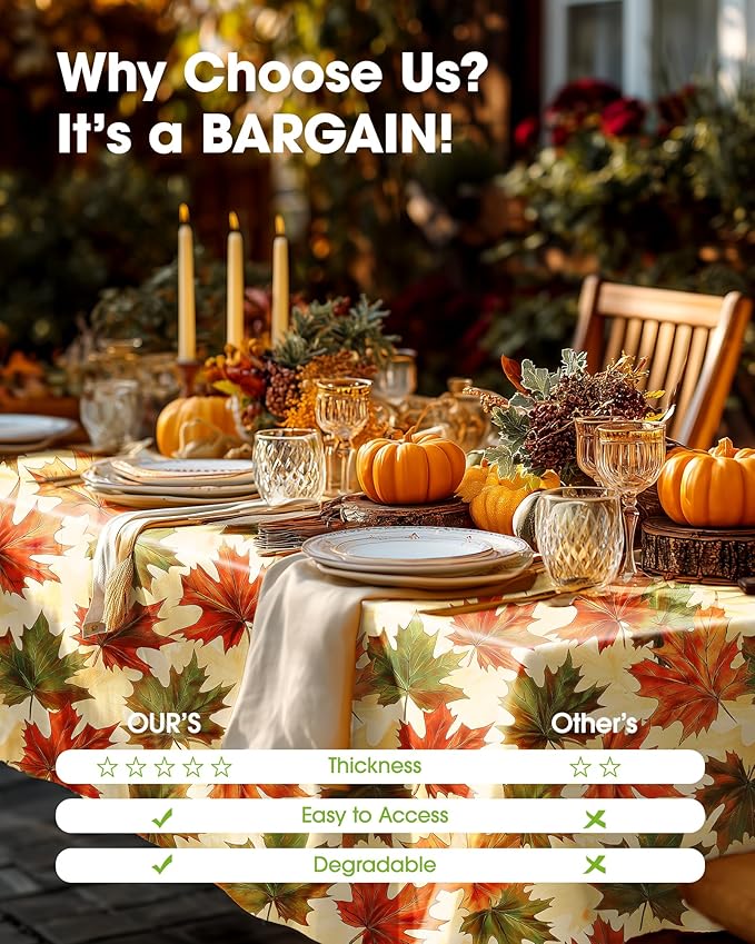 Pureegg Plastic Table Cloth Disposable 8 Pack, 54 x 108 Inch Table Cloths, Thanksgiving Decorations, Harvest Party, Fall Tablecloths, Rectangle Tables, Leakproof & Sturdy, Autumn Maple