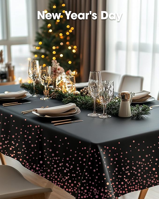 Pureegg Plastic Table Cloth Disposable 8 Pack, 54 x 108 Inch Table Cloths, Graduation Decorations of 2025, Graduation Tablecloths, Rectangle, Plastic Cover, Leakproof & Sturdy, Black and Rose Gold