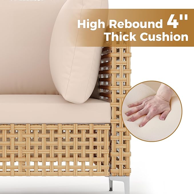 7 Piece Wicker Patio Furniture Set, Outdoor Sectional Sofa Set with Coffee Table and Water-Resistant Thick Cushions for Balcony, Deck, Garden, Backyard(Yellow/Beige)