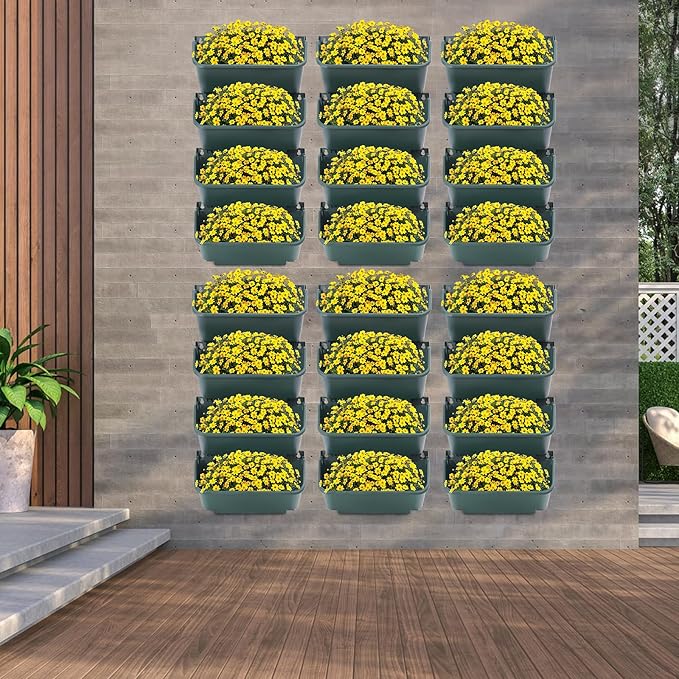 Vertical Wall Planter with 24 Plastic Pots, Wall-Mounted Garden Planter Stackable Wall Hanging Flower Pot Clasp Design with Grooves Drainage Holes for Indoor and Outdoor (Army Green 24)