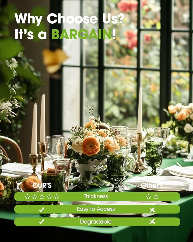 Pureegg Plastic Table Cloth Disposable 8 Pack, 54 x 108 Inch Table Cloths, St Patricks Day, Christmas Decorations, Tablecloths, Rectangle, Forest, Emerald, Plastic Cover, Leakproof & Sturdy, Green