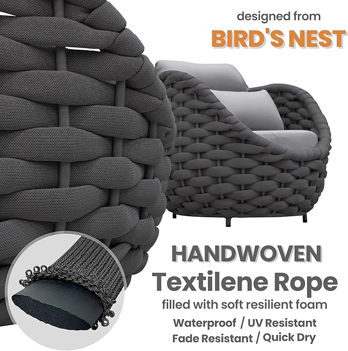 6 PCS Patio Rope Armchair: Aluminum Woven Accent Chair - Cushioned Lounge Chair with Arms - Modern Garden Chair Assembled - All Weather 400lbs Outdoor Seating Porch Furniture Deck Balcony Hotel